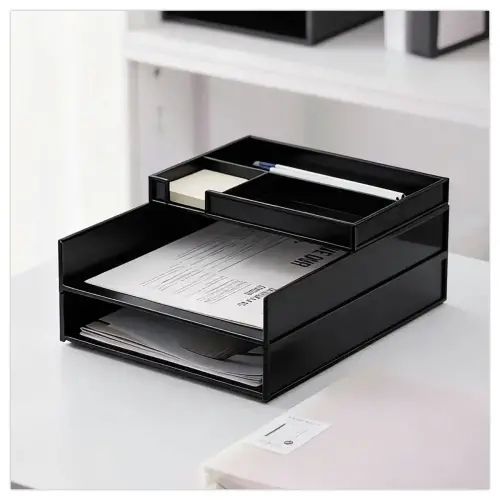 Set de 2 corbeilles &agrave; courrier noires avec trieur de bureau 