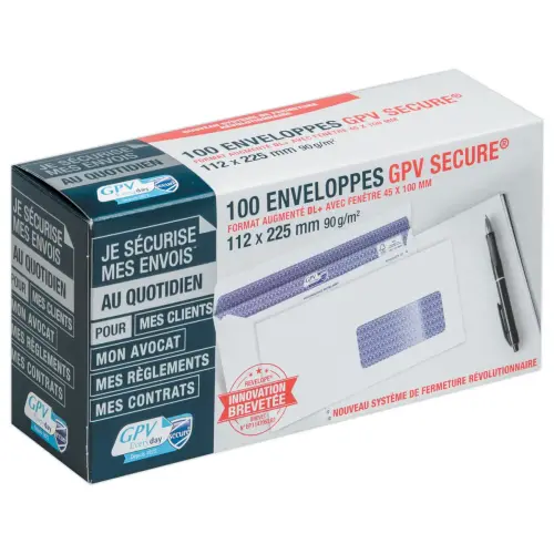 100 Enveloppes Secure blanches - 112x225 mm - Fenêtre 45X100 mm - 90g - GPV