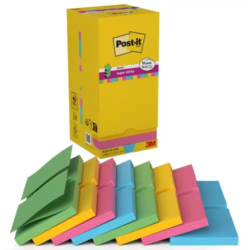 16 Blocs-notes repositionnables Z-Notes Super Sticky 7,6 x 7,6 cm assortis - Post-It