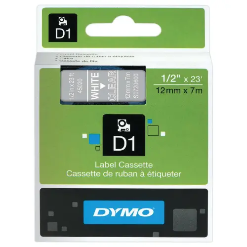 Ruban pour titreuse DYMO D1 12mm transparent impression blanc