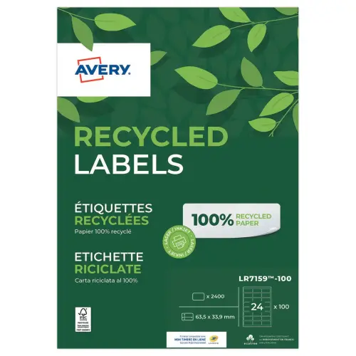 100 Planches d'&eacute;tiquettes laser AVERY 63,5x33,9 mm soit 2400 &eacute;tiq/bo&icirc;te 