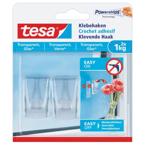 2 Crochets adhésifs pour surfaces transparentes 1 kg - Étui de 2 - TESA