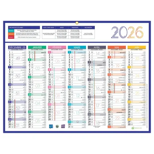 Calendrier 2027 banque Couleurs 14 mois - 42x32 cm - Janvier à décembre
