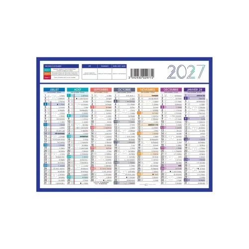Calendrier 2027 banque Couleurs 14 mois - 27x21cm - Janvier à décembre