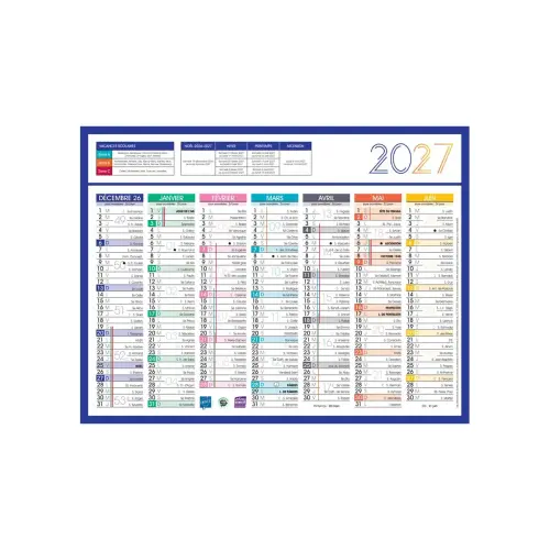 Calendrier 2027 banque Couleurs 14 mois - 27x21cm - Janvier à décembre