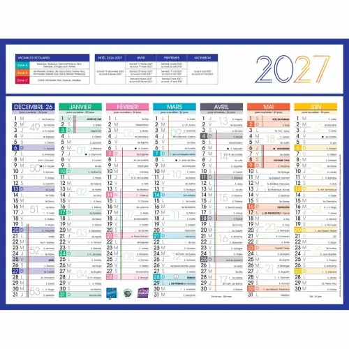 Calendrier 2027 banque Couleurs 14 mois - 27x21cm - Janvier à décembre