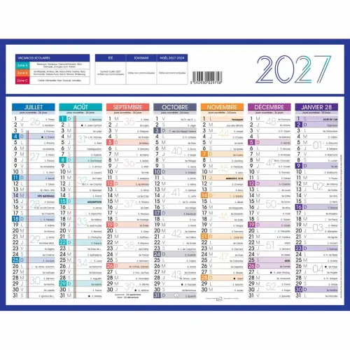 Calendrier 2027 banque Couleurs 14 mois - 27x21cm - Janvier à décembre