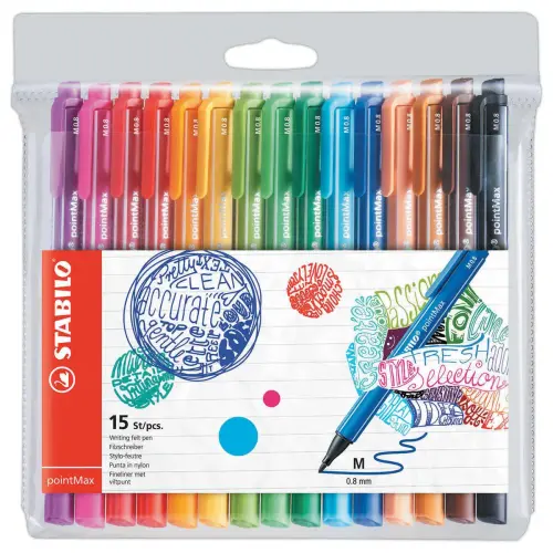 15 stylos-feutres pointMax - Pointe moyenne - Encre eau - Coloris assorti - STABILO 