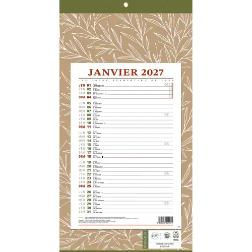 Calendrier mensuel à effeuiller Natura - 19x36 cm - Janvier à décembre - BOUCHUT GRANDREMY