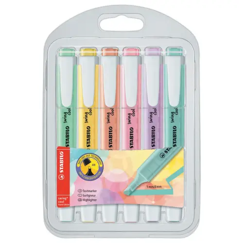 6 Surligneurs swing cool Pastel - Pointe biseautée - Coloris assortis - STABILO