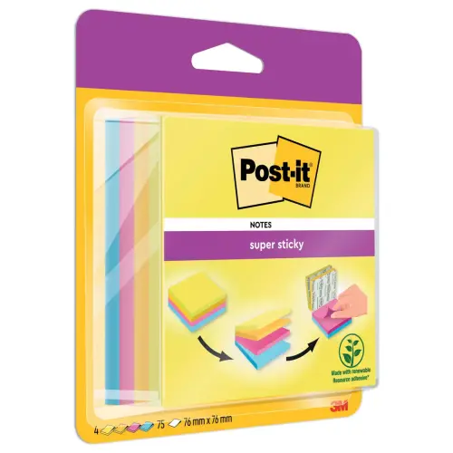 Bloc cube Super Sticky - 4 Couleurs Easy Select -76x76mm - POST IT 