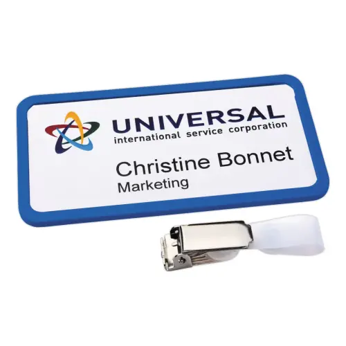 20 Badges Office bleu avec clip de suspension métal - 37 x 75 mm
