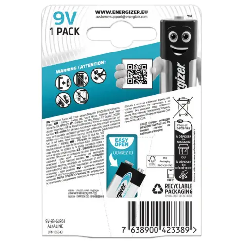 Pile alcaline Max Plus 6LR61- 9V - ENERGIZER 