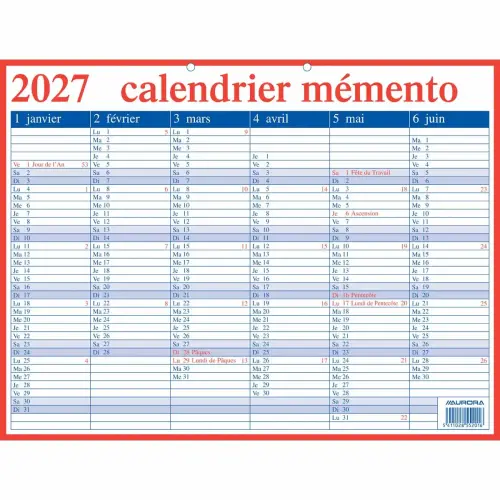 Calendrier Memento 42x33 cm - BE - Janvier à décembre - AURORA