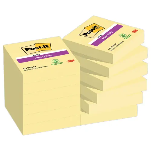 12 Blocs de 90 notes repositionnables Super Sticky - Jaune pastel - 4,76 x 4,76 cm - POST-IT 