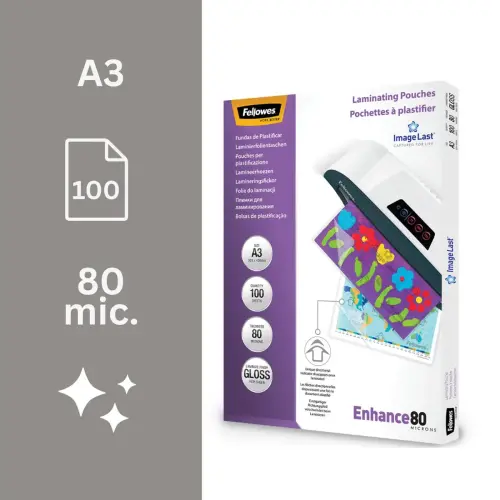 100 Pochettes de plastification ImageLast brillantes - A3 - 80&micro; - Fellowes 