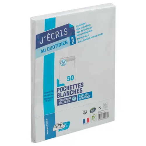 50 Pochettes blanches bande siliconée - 229x324 mm - sans fenêtre - 90g - GPV