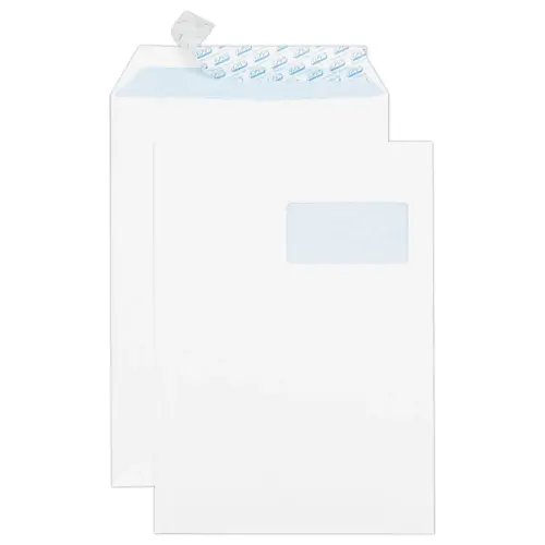 50 Pochettes blanches bande siliconée 229x324 mm avec fenêtre 50x100 90g