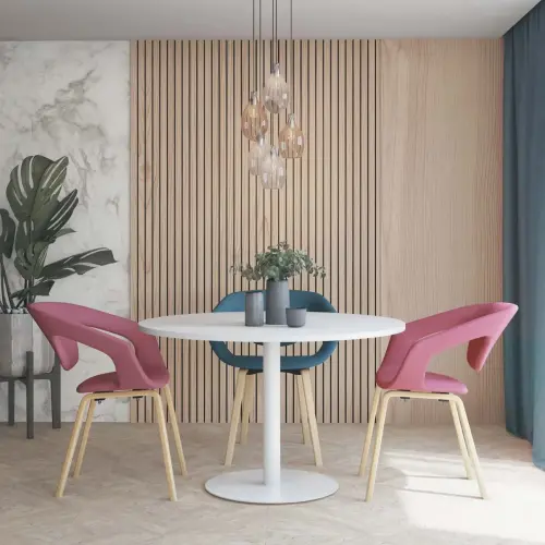 Table ronde diam 116 cm plateau noyer pied blanc pied tulipe 