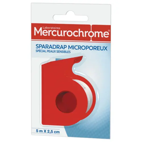 Rouleau de sparadrap spécial peaux sensibles - Avec dévidoir - 2,5 cm x 5 m - Mercurochrome