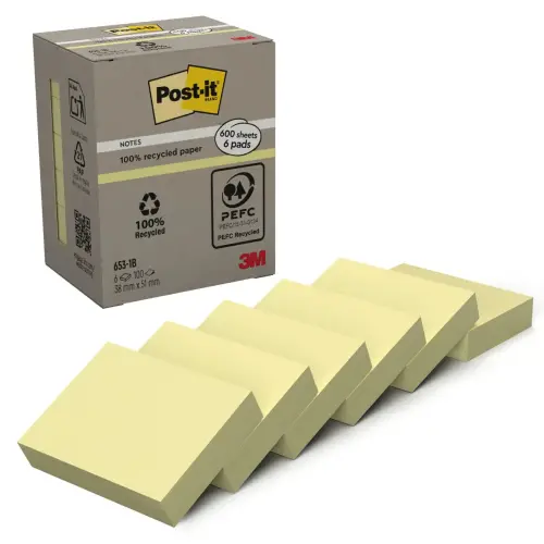 6 Blocs de notes repositionnables recycl&eacute;es - 3,8 x 5,1 cm - Jaune - POST-IT 