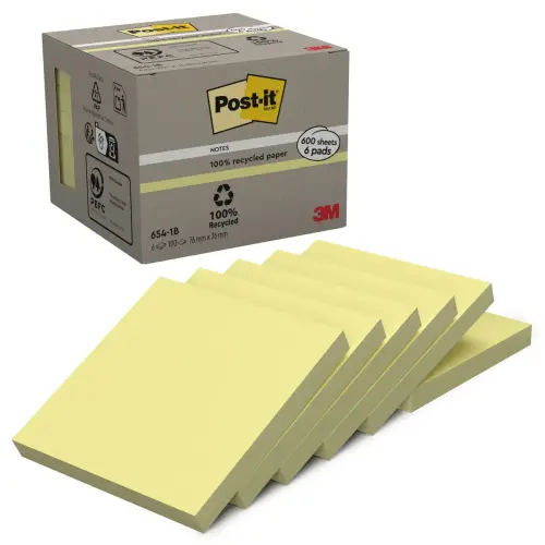 6 Blocs de notes repositionnables recyclées - 7,6 x 7,6 cm - Jaune - POST-IT