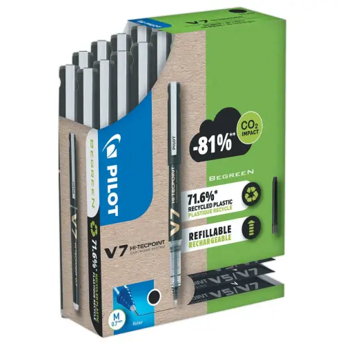 10 Rollers PILOT V7 + 30 recharges (dont la moiti&eacute; gratuites) - noir 