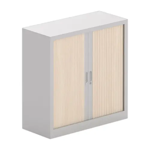 Armoire basse à rideaux métalliques - 100 x 100 cm - Alu et acacia clair
