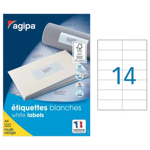 100 Planches d'&eacute;tiquettes multiusages 105x42,4 mm soit 1400 &eacute;tiq/bo&icirc;te 