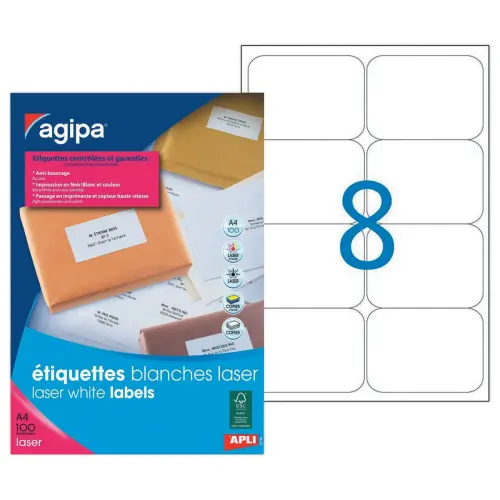 100 Planches d'étiquettes laser L99,1xH67,7 mm soit 800 étiq/boîte
