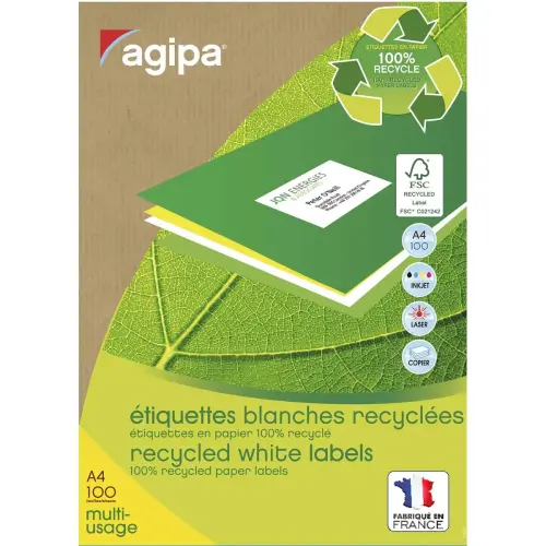 100 Planches d'&eacute;tiquettes laser 100%recycl&eacute;es 38,1 x21,2 mm  6500 &eacute;tiq 