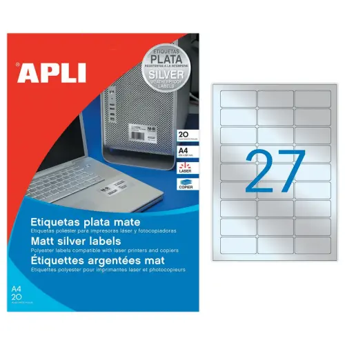 20 Planches d'&eacute;tiquettes inalt&eacute;rables laser 63,5x29,6mm 540 &eacute;tiq. argent 