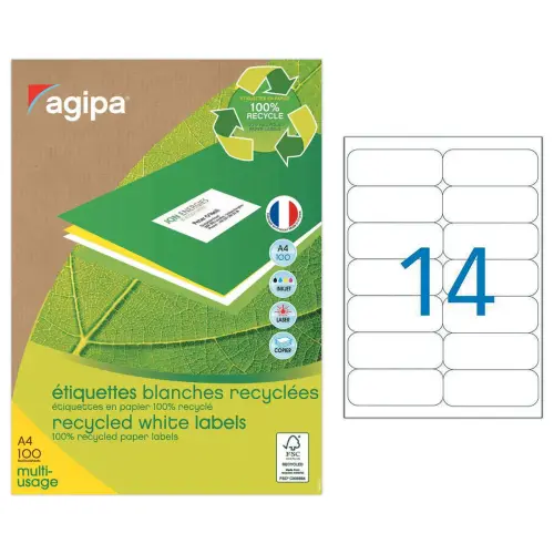 100 Planches d'&eacute;tiquettes laser 100% recycl&eacute;es 99,1X38,1 mm soit 1400 &eacute;tiq 