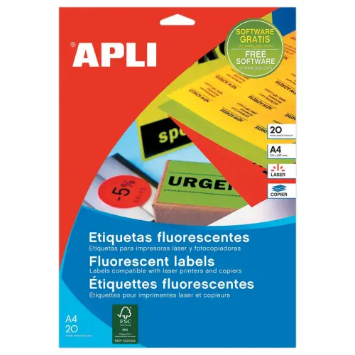 20 Planches étiquettes fluorescentes - 210x297 - Rouge - APLI
