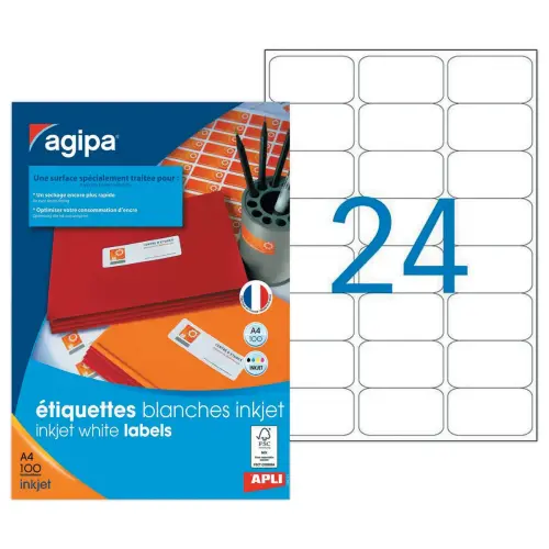 100 Planches d'&eacute;tiquettes jet d'encre 63,5x33,9 mm 2400 &eacute;tiq/bo&icirc;te 