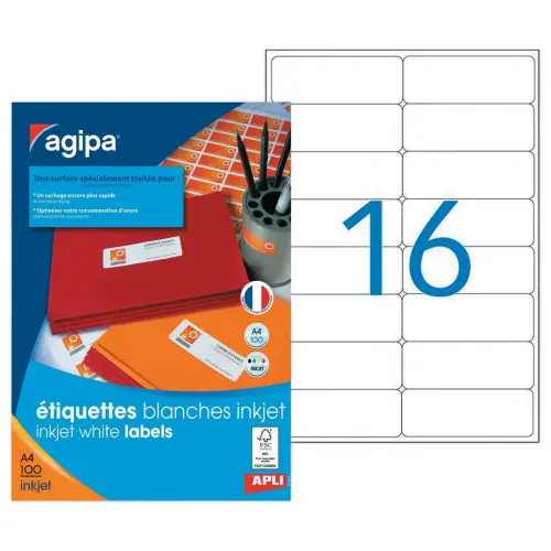 100 Planches d'&eacute;tiquettes jet d'encre 99,1x33,9 mm 1600 &eacute;tiq/bo&icirc;te 