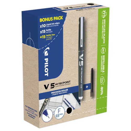 10 Rollers PILOT V5 + 30 recharges dont la moitié gratuites - noir - PILOT