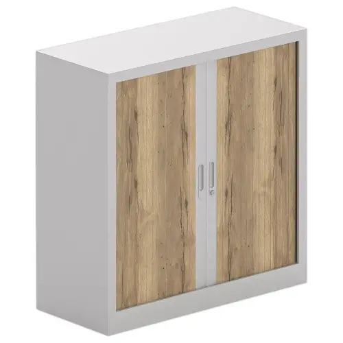 Armoire basse à rideaux métalliques - Alu et chêne veiné - 100x100 cm