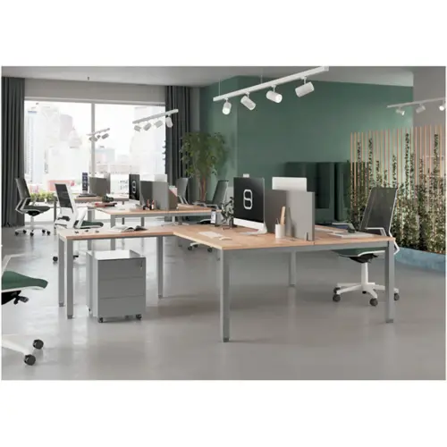 Bureau vis &agrave; vis 4 pieds 140 X 160 X 74 ch&ecirc;ne vein&eacute;/alu 