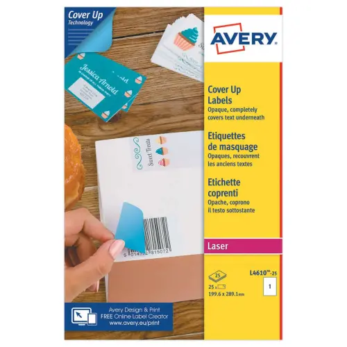 &Eacute;tiquettes de masquage laser AVERY 199,6x 289,1 mm 25f x 25 &eacute;tiquettes 