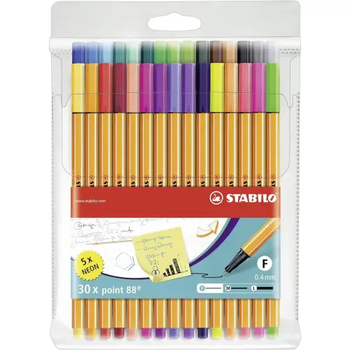Stylo feutre Stabilo point 88 - pointe extra fine 0,4 mm - coloris assortis dont 5 fluos - Lot de 30 