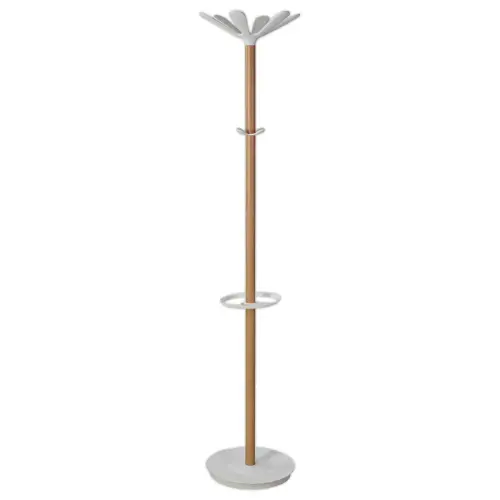 Porte-manteau - 10 pat&egrave;res + porte-parapluie - Bois et m&eacute;tal blanc - ALBA 