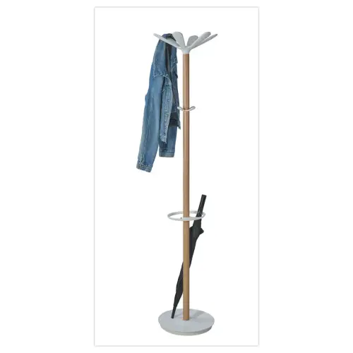 Porte-manteau - 10 pat&egrave;res + porte-parapluie - Bois et m&eacute;tal blanc - ALBA 