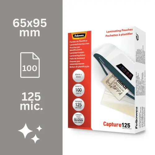 100 Pochettes plastification brillantes - 6,5 x 9,5 cm - 125 µ - Fellowes