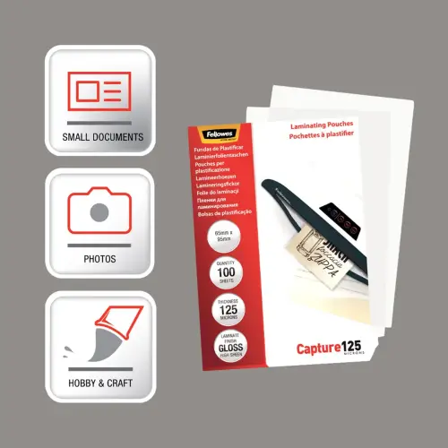 100 Pochettes plastification brillantes - 6,5 x 9,5 cm - 125 µ - Fellowes
