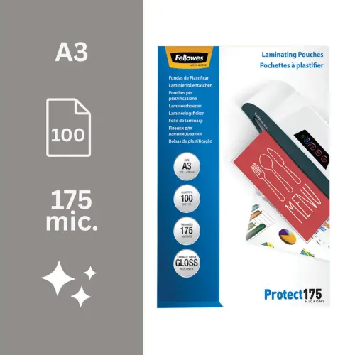 100 Pochettes de plastification brillantes - A3 - 175&micro; - Fellowes 