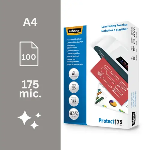 100 Pochettes de plastification brillantes - A4 - 175µ - Fellowes