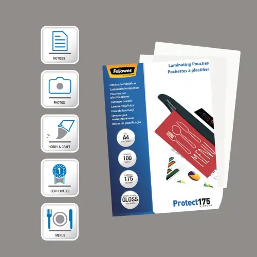 100 Pochettes de plastification brillantes - A4 - 175µ - Fellowes