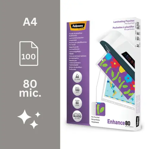 100 Pochettes de plastification perforées - A4 - 80 µ - Fellowes