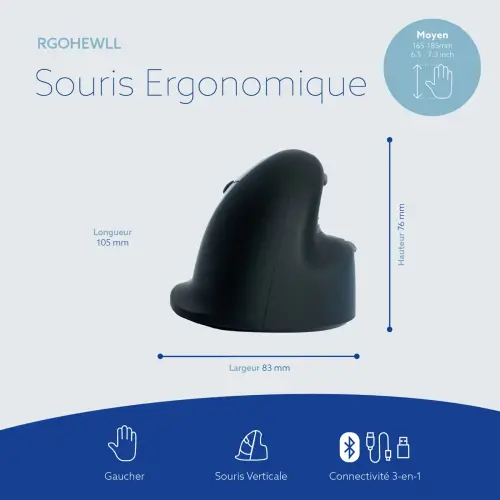 R-Go HE Souris ergonomique verticale sans fil gaucher modèle moyen